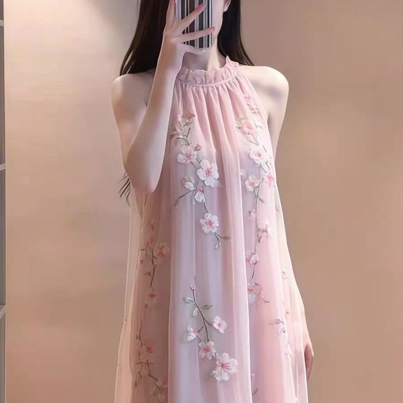 French Gentle Style Pink Halter Neck Mesh Dress for Women with Embroidery, New Spring and Summer Seaside Vacation Travel Style Long Dress