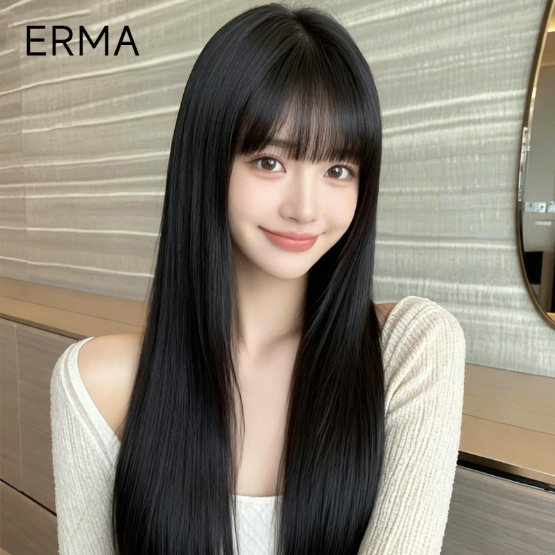 Micro-Needle Molecular Wig for Women, Full Headpiece, Real Human Hair, Black Long Straight Hair, Realistic Full Wig with Air Bangs