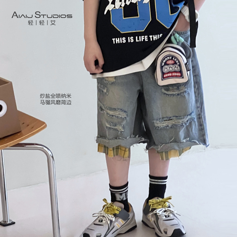 Boys' Street Style Ripped Shorts, Summer Children's Shorts, Trendy Cool Korean Style Loose Shorts for Older Kids
