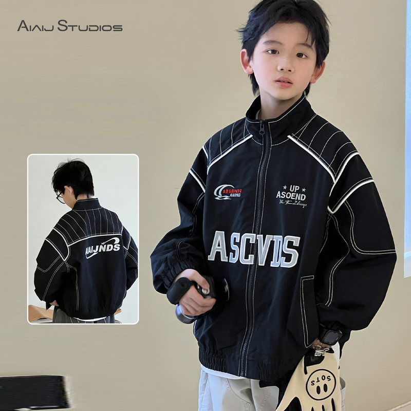 Children's Clothing, Kids' Windbreaker Jacket, Boys' Spring and Autumn 2026 New Style, Medium and Large Kids' Stand-Up Collar Biker Style Embroidered Jacket