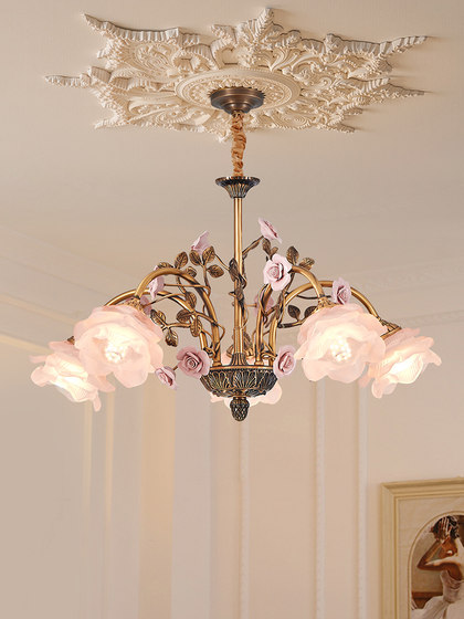 French Romantic Style All-Copper Living Room Chandelier with Vintage Flower-Shaped Glass Lampshade, High-End Villa Lighting