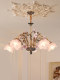 French Romantic Style All-Copper Living Room Chandelier with Vintage Flower-Shaped Glass Lampshade, High-End Villa Lighting