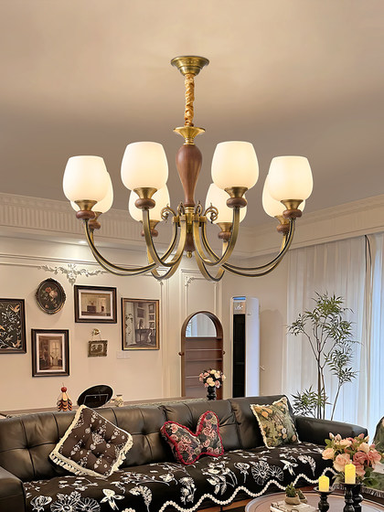 American Retro All-Copper Living Room Chandelier, French Mid-Century Style, North American Black Walnut Wood, Elegant and Luxurious Dining Room and Bedroom Light