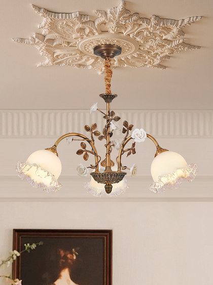 French Romantic Style All-Copper Living Room Chandelier with Vintage Flower-Shaped Glass Lampshade, High-End Villa Lighting