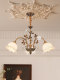 French Romantic Style All-Copper Living Room Chandelier with Vintage Flower-Shaped Glass Lampshade, High-End Villa Lighting