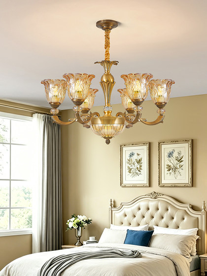 American-Style Retro All-Copper Living Room Chandelier, French Light Luxury Glass Dining Room and Bedroom Lighting Fixtures, High-End European-Style Villa Lamp