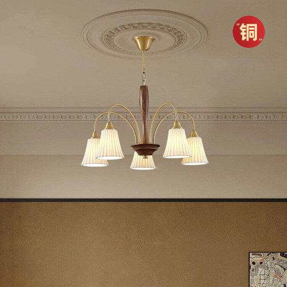 French-Style Vintage All-Copper Living Room Chandelier, American Retro Bedroom and Dining Room Multi-Head Chandelier, High-End and Elegant Ceramic Lamp