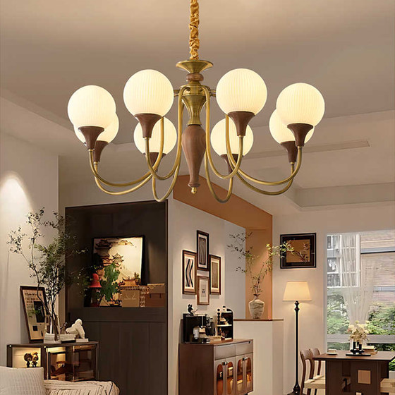 American-Style Retro All-Copper Living Room Chandelier, Vintage Style, Elegant Dining Room and Bedroom Lamp, North American Black Walnut Wood, Light Luxury, Eye-Friendly