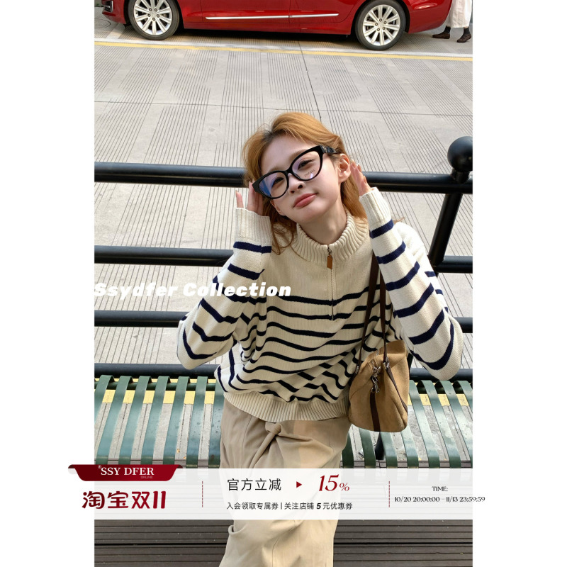 Ssydfer【Striped Lapel】New Style Zip-Up Knit Sweater for Women, Made of 100% Cotton, Elegant, Slimming, and Versatile