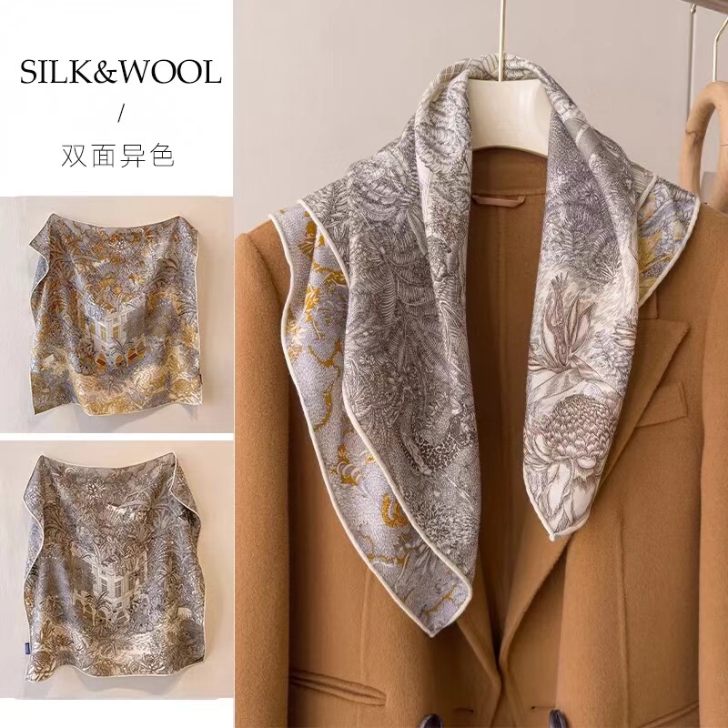 Mulberry Silk Wool【Tropical Rainforest】60 Silk Wool Square Scarf Double-Sided Fashionable Women's Elegant Silk Scarf K608