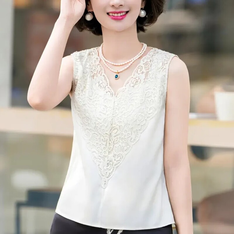 Hengru Boutique Spring/Summer New Ice Silk V-Neck Lace Patchwork Sleeveless Camisole Undershirt for Women
