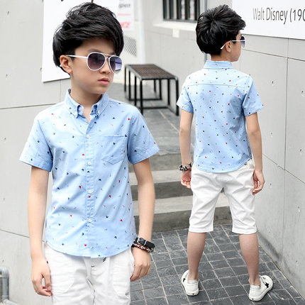 男童短袖衬衫夏装2017新款儿童夏季纯棉中大童衬衣韩版潮宝宝童装
