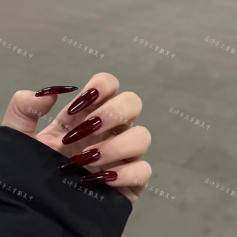 European and American Sexy Hot Girls' Ice-Clear Red Wine Red Blood-Red Translucent Solid Color Handmade Wearable Nail Art Removable Wedding Nails