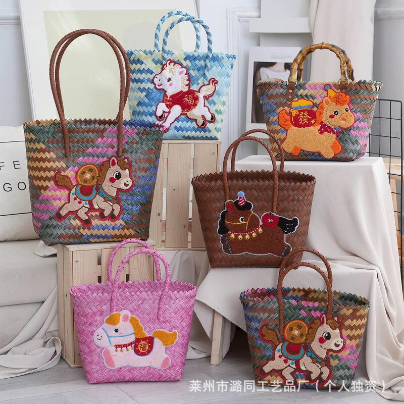 New Rattan Woven Basket Bag Year of the Horse Money Gift Bag Souvenir Gift Basket Cartoon Pony Handbag 2026