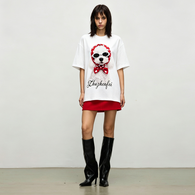 Ggaholiday Trendy Short-Sleeve T-Shirt for Women, Loose Fit, American Street Style, Cute Cartoon Dog Print, Plus Size, Cool Ggaholiday Trendy Short-Sleeve T-Shirt for Women, Loose Fit, American Street Style, Cute Cartoon Dog Print, Plus Size, Cool