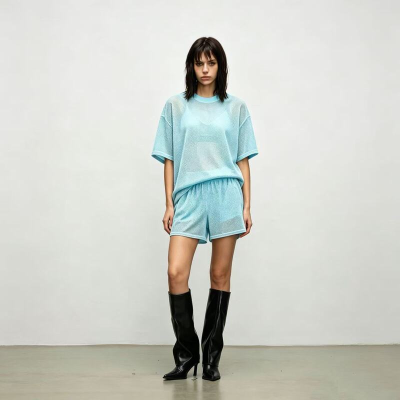 Ggaholiday Trendy Brand Blue Shorts with Sequins, Lightweight, Breathable Mesh, Avant-Garde, Unique, Niche, Hot Girl Dopamine