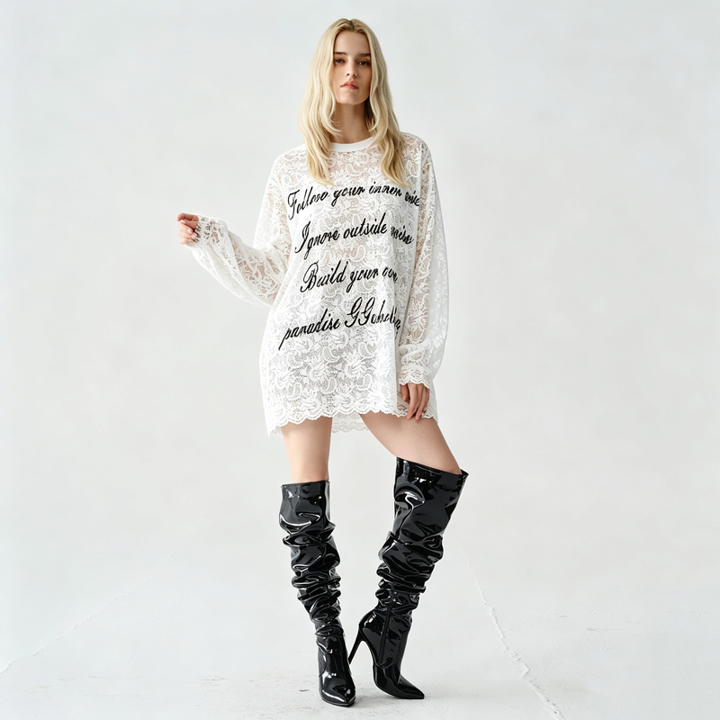 Ggaholiday Trendy Brand Round Neck Long Sleeve T-Shirt with Lace Trim and Floral Print, Loose and Lazy Style Women's Top, French Hollow-Out Design Ggaholiday Trendy Brand Round Neck Long Sleeve T-Shirt with Lace Trim and Floral Print, Loose and Lazy Style Women's Top, French Hollow-Out Design