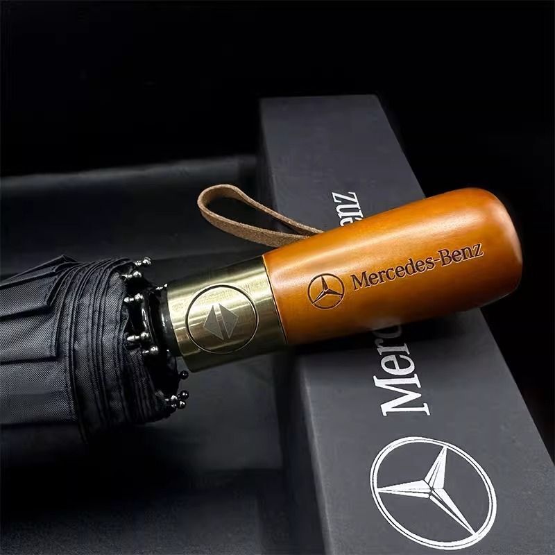 Nio Mercedes-Benz Wooden Handle Umbrella, Fully Automatic Business Gift Golf Umbrella, Extra Large Dual-Use for Sun and Rain, Sunshade Umbrella for High-Speed Trains