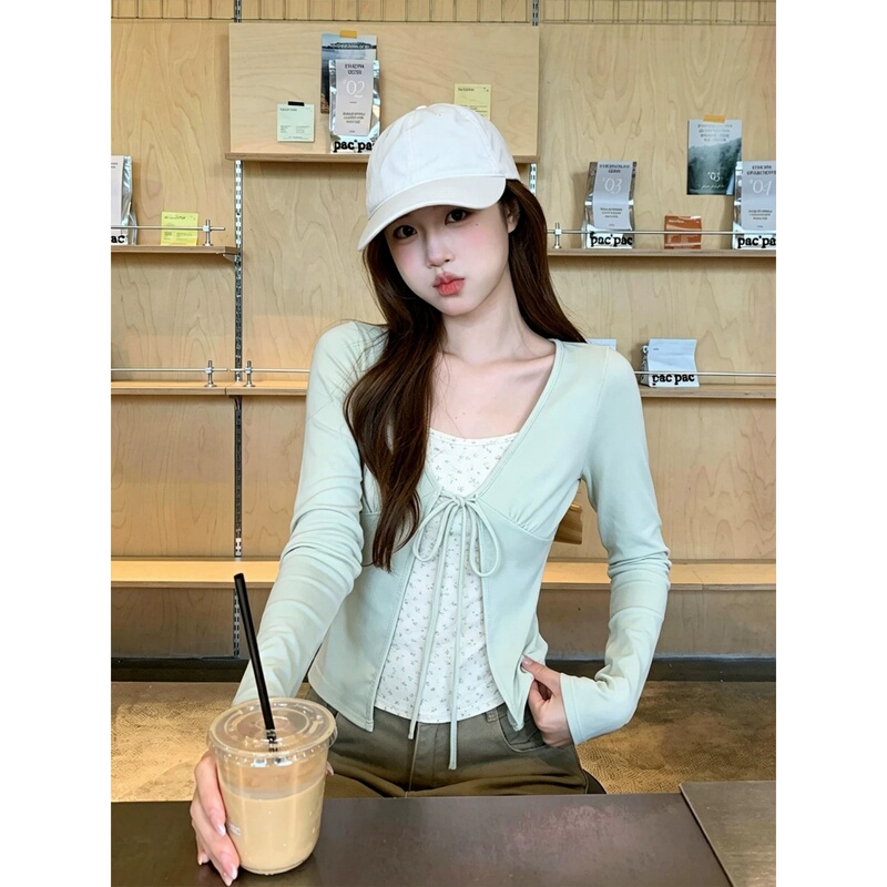 Sweet Style Faux Two-Piece Floral Long-Sleeve T-Shirt, New Autumn Style with Tie, Slim Fit, Flattering, Korean Style, Super Pretty Top ins Sweet Style Faux Two-Piece Floral Long-Sleeve T-Shirt, New Autumn Style with Tie, Slim Fit, Flattering, Korean Style, Super Pretty Top ins