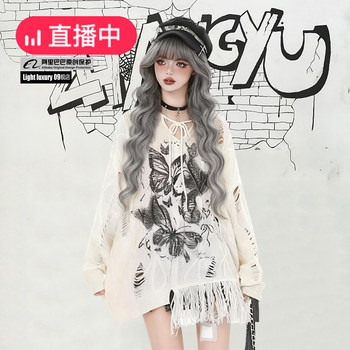 Subculture wasteland style american hole-in-the-wall retro butterfly print v-neck hollow long-sleeved knitted sweater blouse for autumn and winter