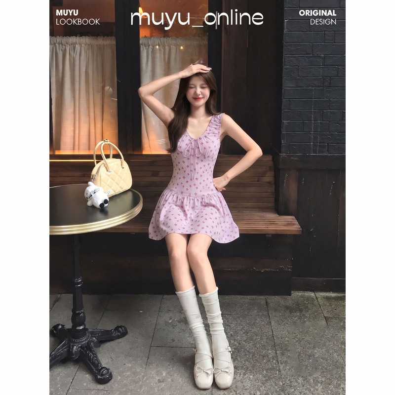 Sweet and Gentle Style Beautiful Girl Purple Floral V-Neck Sleeveless Dress Slim Fit Pure Desire Style Purple Skirt