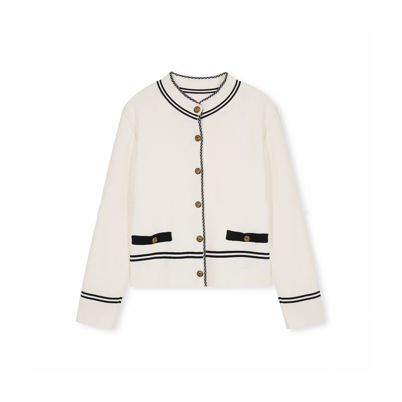 【Xiaoq Mall】Heavyweight Black and White Striped Stand-Collar Sweater in Chanel Style 【Xiaoq Mall】Heavyweight Black and White Striped Stand-Collar Sweater in Chanel Style