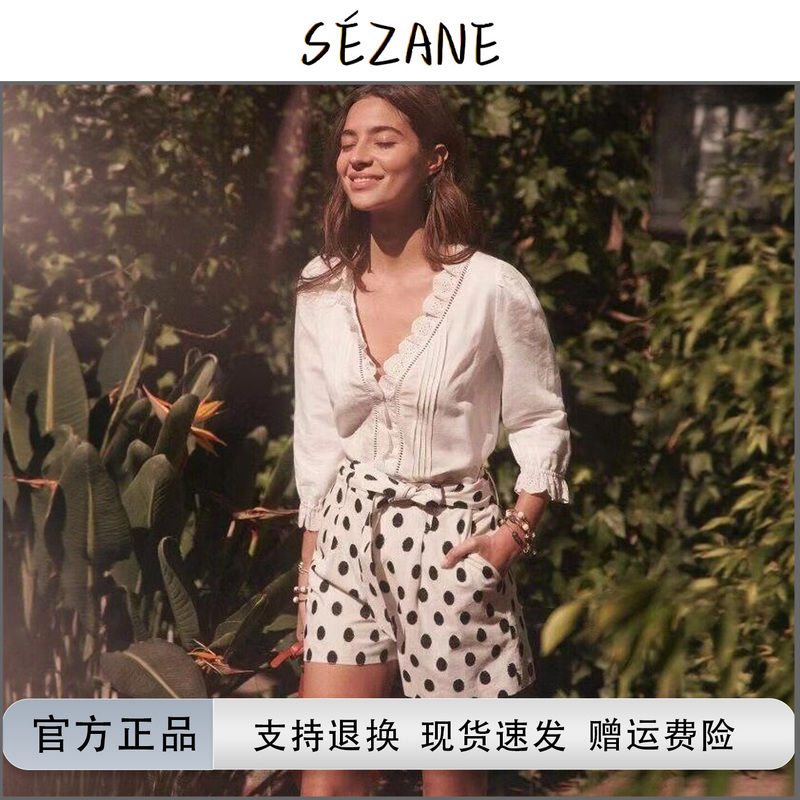 [in Stock, Authentic Product] Sezane Lace Trim V-Neck Embroidered Hollow-Out Three-Quarter Sleeve Loose Shirt Top for Women