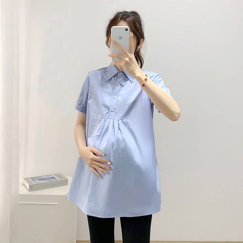Maternity Shirt Summer New Style Short-Sleeved Loose Mid-Length Top Korean Style Lapel Work Clothes Fashionable Pure Cotton Shirt