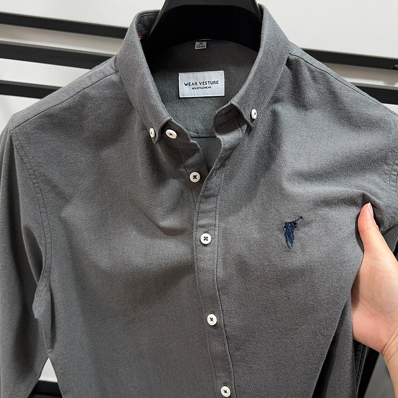 French High-End Embroidered Pony Long-Sleeve Shirt for Men, Loose and Comfortable, 2026 Autumn New Pure Cotton Casual Shirt