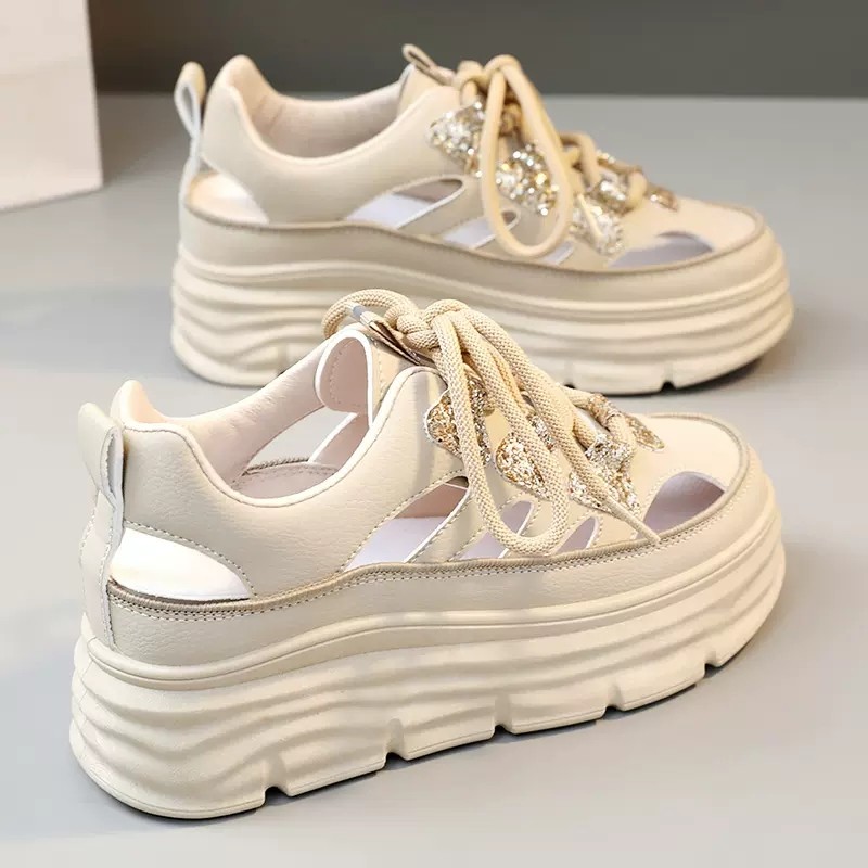 Baotou Sandals 2023 New Women's Summer Genuine Leather Hollow Wedge Heels Increased Thick Soles Hole White Shoes