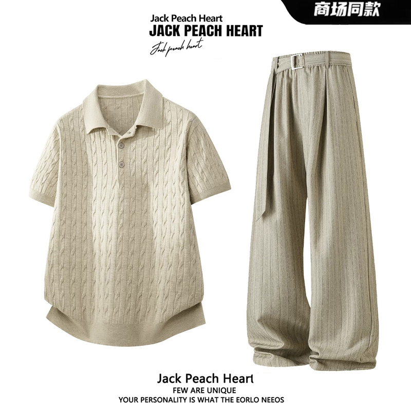 Jack's Casual Suit with a Retro Style for Men, Summer Textured Short-Sleeve Polo Shirt, Masculine Men's Outfit