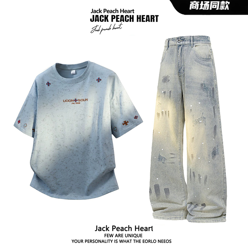 Jack Peach Heart American-Style Heavy-Duty Design Embroidered Tie-Dye Short-Sleeve T-Shirt Set for Men, Summer Youth Two-Piece Set