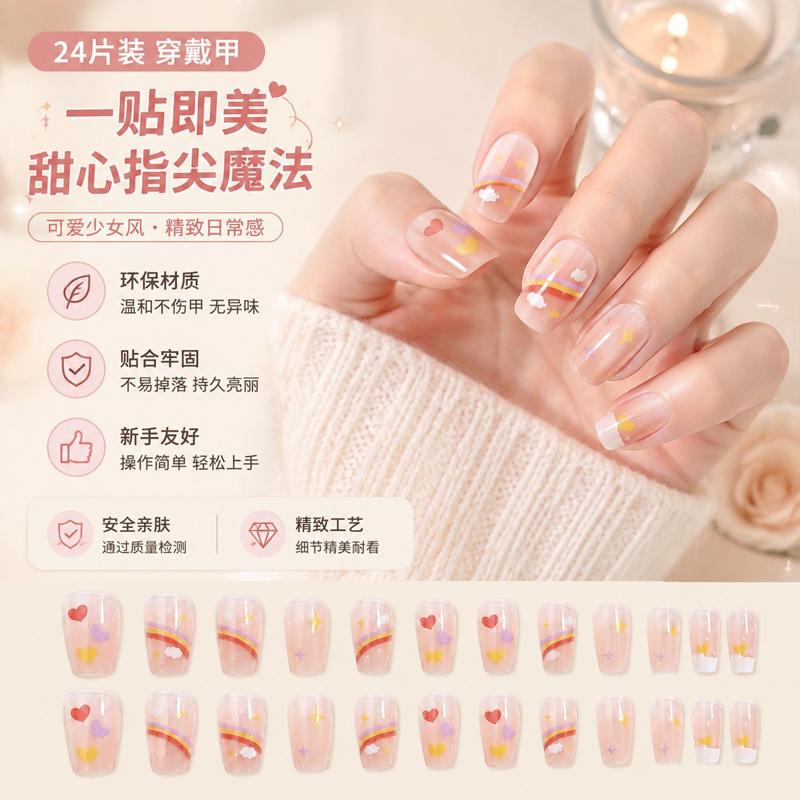 Medium-Length Ballet Nails, Cute and Playful Rainbow Nail Art Pieces, 24 Pieces in a Box, Ice-Clear Color Fake Nails