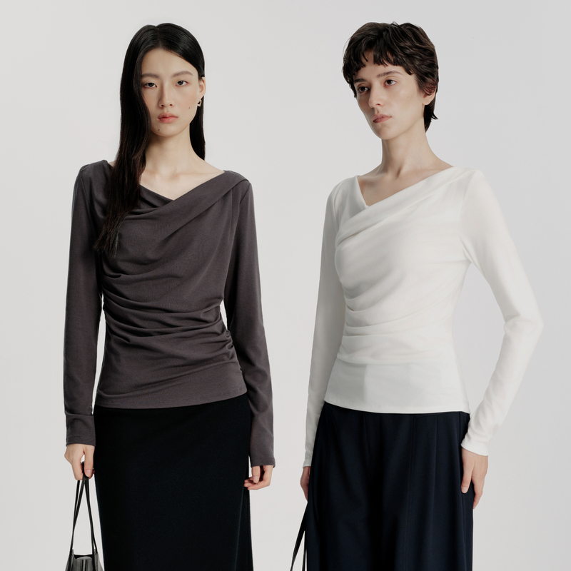 【Xinqing】Xinfenzi Lyocell Design Pleated Elegant Slim Fit Cowl Neck Long Sleeve T-Shirt 【Xinqing】Xinfenzi Lyocell Design Pleated Elegant Slim Fit Cowl Neck Long Sleeve T-Shirt