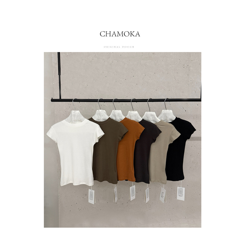 Summer Casual Round-Neck Versatile Spicy Girl T-Shirt Short Sleeve for Women [Highly Fashionable and Popular] Elastic Slim-Fit Slimming T-Shirt 1483