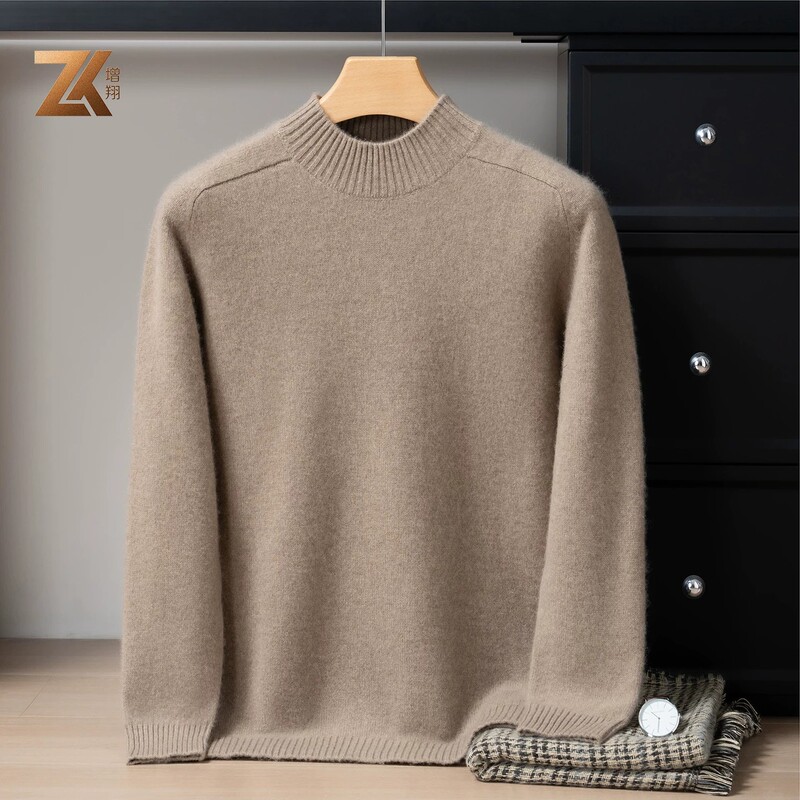 100% Pure Cashmere Sweater for Men, Autumn and Winter, Half-Turtleneck, Thickened, Solid Color Knitwear, High-End Business Casual Pullover Sweater
