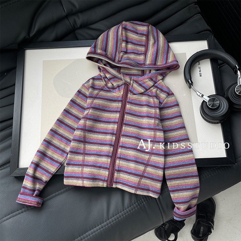[Rainbow Pop Candy] Ajuan Spring and Autumn Outfit for Boys and Girls Retro Color-Block Striped Hooded Jacket Mpg8046