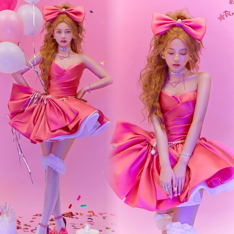 Photo Studio New Model Girl Barbie-Style Photo Shoot Rose Red Satin Short Dress Birthday Pictorial Style Art Photo Photography Clothing