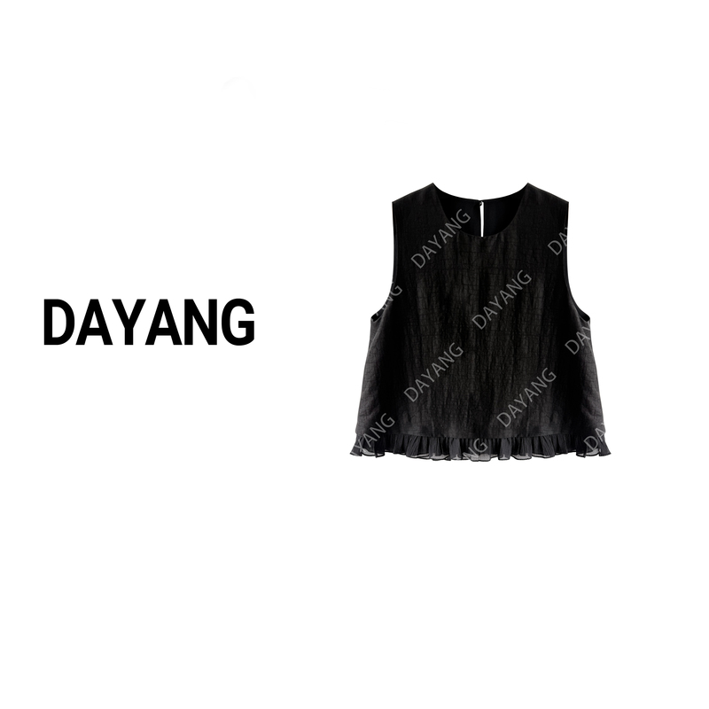 【Dayang】Xiaohejiao New Chinese Style Xiangyun Silk Black Turtle Round Neck Sleeveless Ruffled Tang Suit Vest Top
