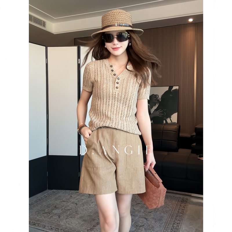 Ding Anqi [Linen Hollow-Out] Short-Sleeved Women's Summer New Button Knit Top Versatile and Stylish Old Money Style Blouse