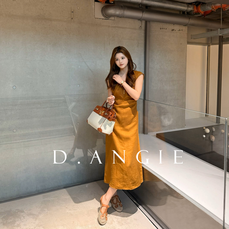 Ding Anqi [Sunset Orange Tone] 100% Linen Dress for Women, Summer New Style, Old Money Style, Waist-Cinching V-Neck Elegant Dress