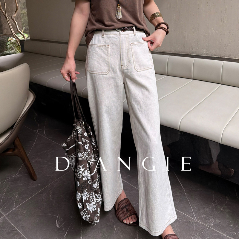 Ding Anqi [French Style] Linen Jeans for Women, Summer New Style, Double Pockets, High-Waisted, Slimming, Straight-Leg Pants
