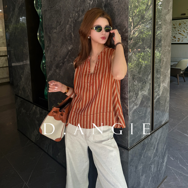 Ding Anqi [Orange Stripes] Linen Shirt for Women, New Summer Style, High-End Light Luxury Striped V-Neck Thin Top
