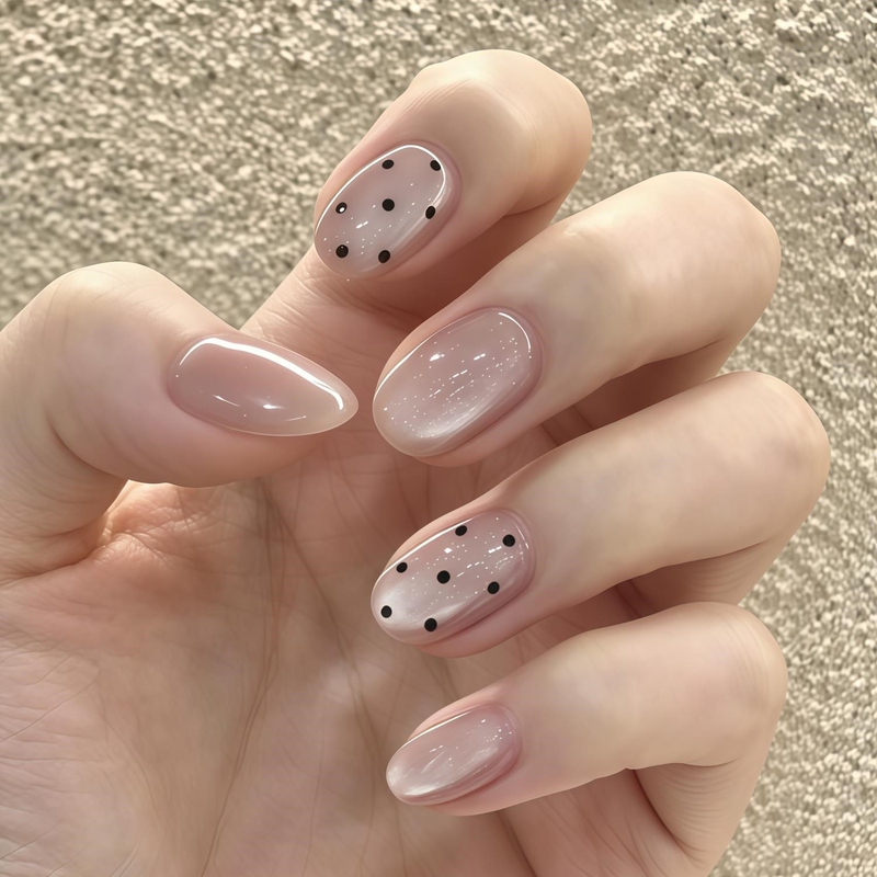 Korean Style Clear Nude Powder Polka Dot Handmade Wearable Nails Short Oval Broken Silver Cat Eye Nail Pieces Gentle Detachable Fake Nails