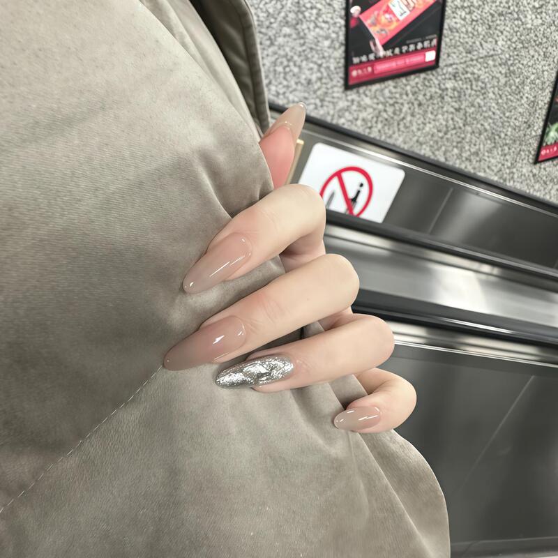 Summer Pure Handmade Ice-Clear Nude Color Long Silver Foil Glitter Nail Tips, High-End Brightening Nail Art Finished Product for Pregnant Women