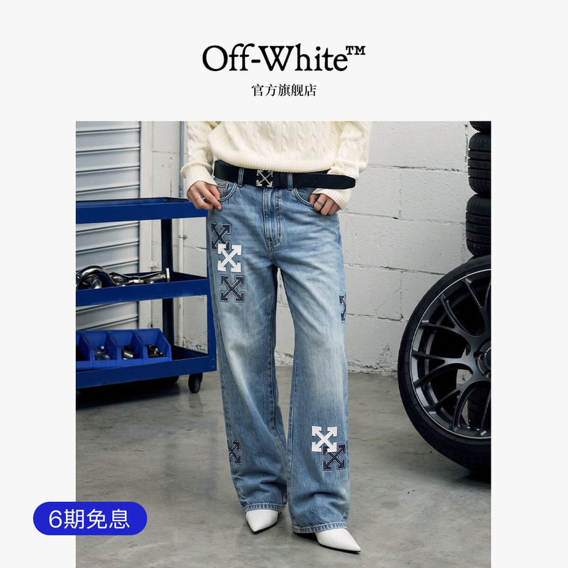 Off-White ™ New Style Street Casual Cool Double Arrow Decorated Jeans for Women Trendy Brand Long Pants