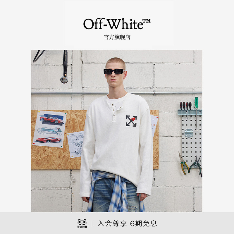 Off-White ™ Couple's Matching Long-Sleeved T-Shirt with Heart Double Arrow Decoration, Unisex Round Neck Pure Cotton Top.