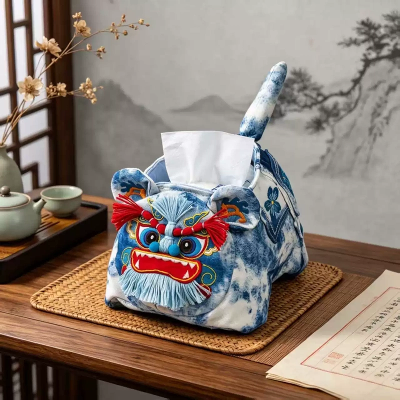 New Trendy Chinese Style Lion Dance Tissue Box, Creative Handmade Home Decor, Traditional Denim Patchwork Tiger Tissue Box, Gift for Friends