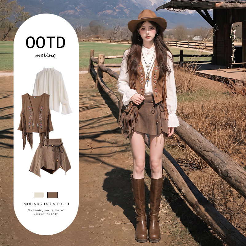 Sichuan-Western Xinjiang Grassland Travel Outfit, Melard Wasteland Style Dress, Summer Western Cowboy Hot Girl Short Skirt