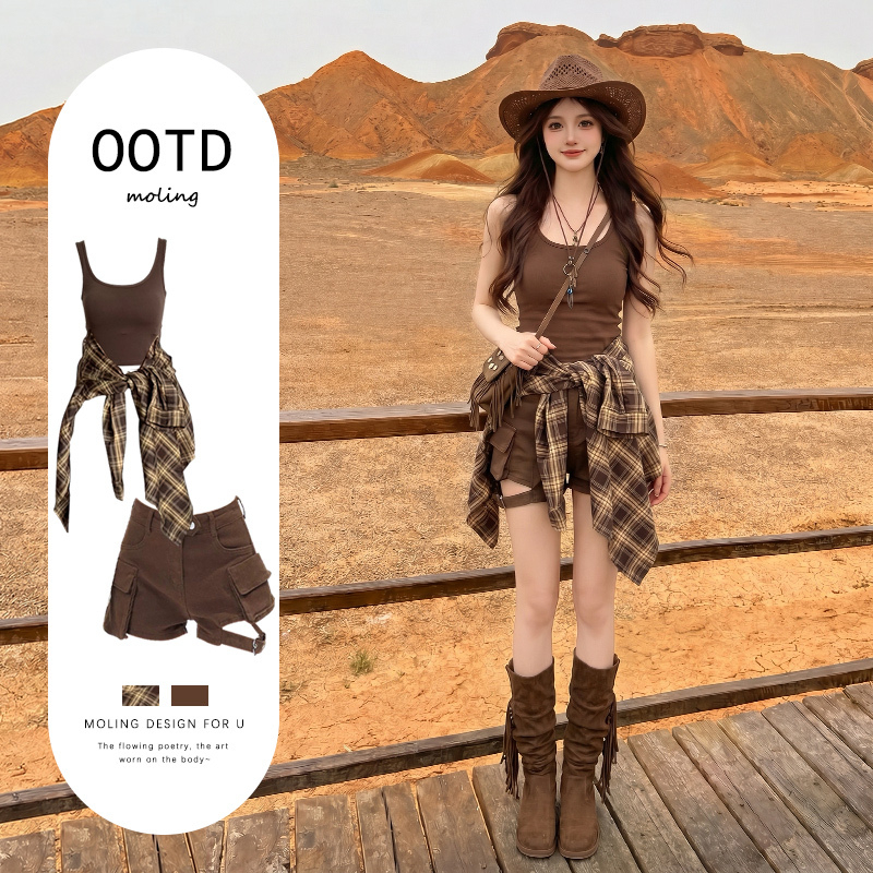 Xinjiang Travel Outfit: Trendy Shirt, 2026 Super Hot Summer Wear, Complete Set of Wasteland Style Western Cowboy Shorts
